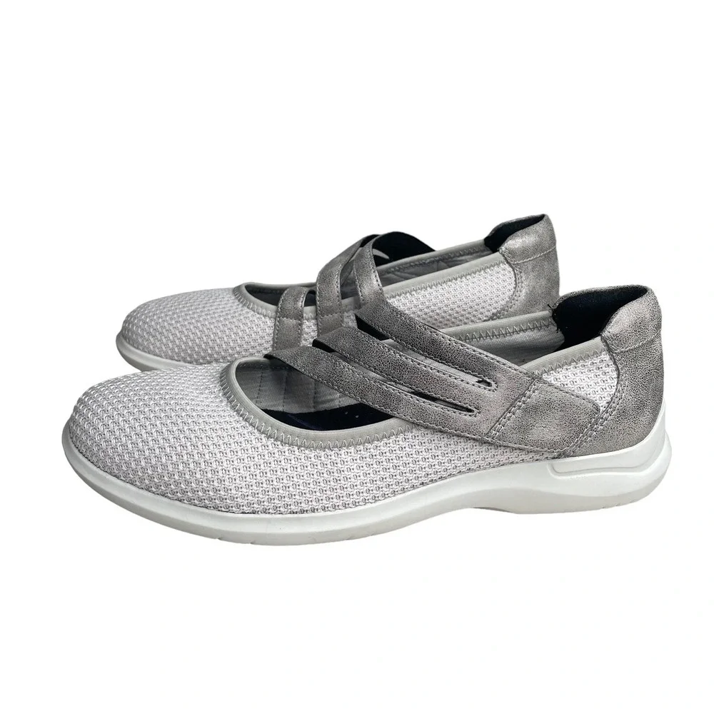 Aravon Womens 8B White Silver Knit Mary Jane Comfort Walking Shoes Hook Loop